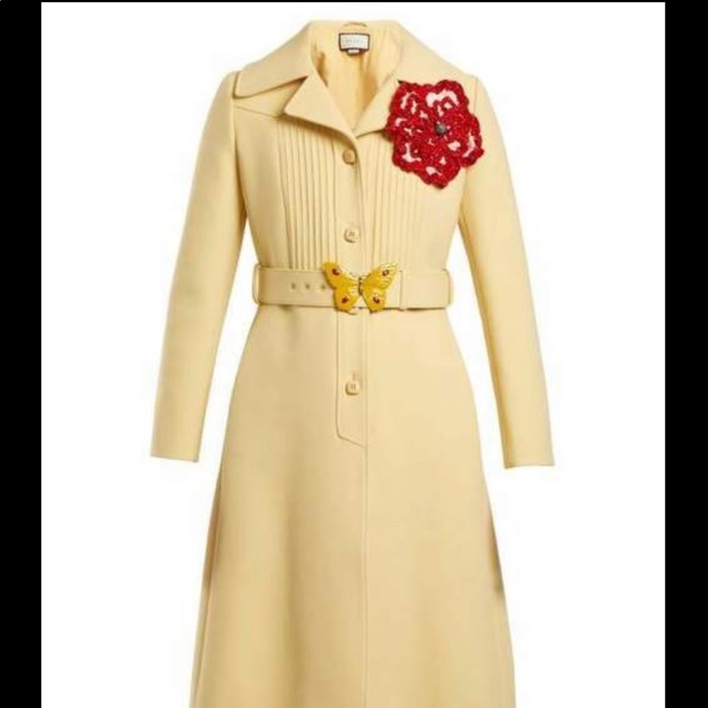 ISO Gucci yellow butterfly embellished pintuck wool trench coat size 34